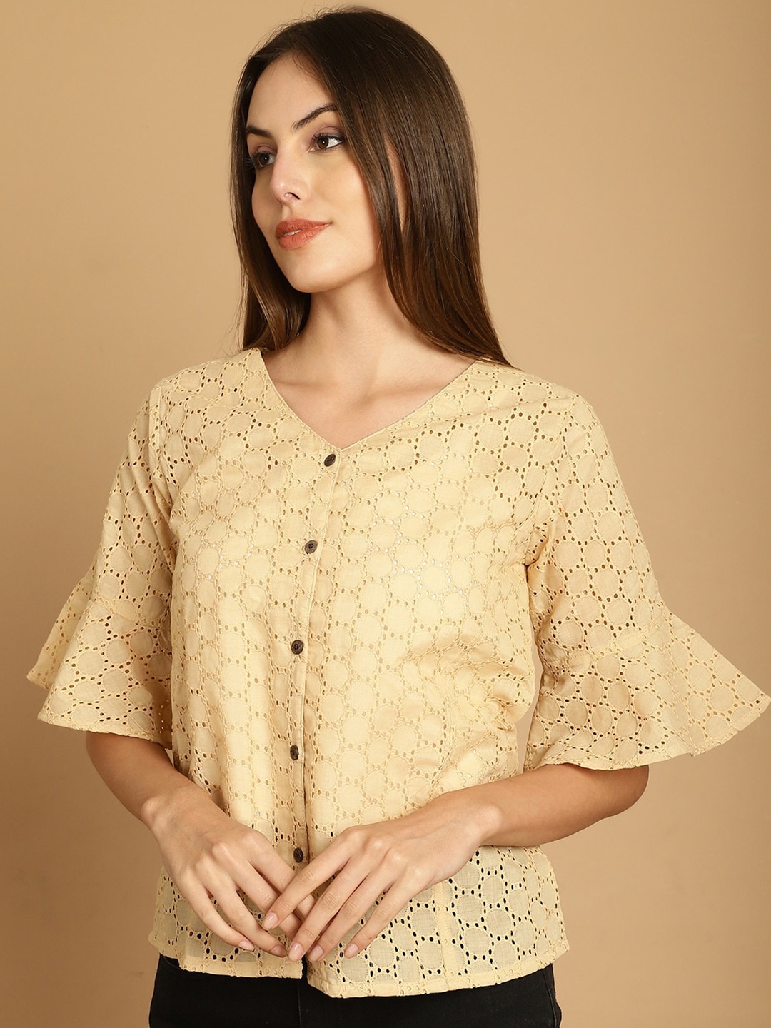 

Indian Needle Geometric Embroidered V-Neck Cotton Shirt Style Top, Beige