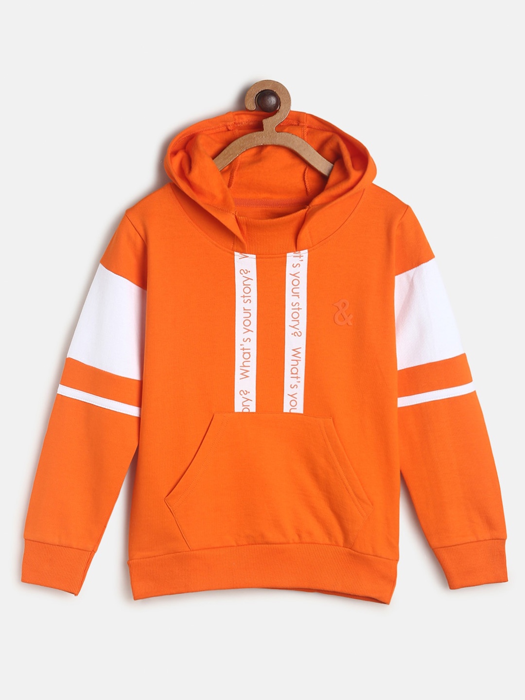 

TALES & STORIES Boys Typography Printed Hooded Sweatshirt, Orange
