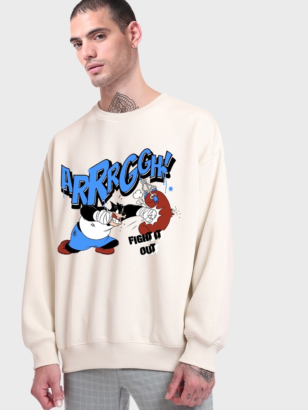 

Bewakoof Graphic Printed Fleece Round Neck Pullover Sweatshirt, Beige