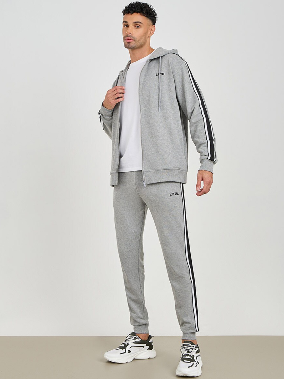 

Styli Men Grey Contrast Print Hooded Zip Through Pure Cotton Terry Tracksuit
