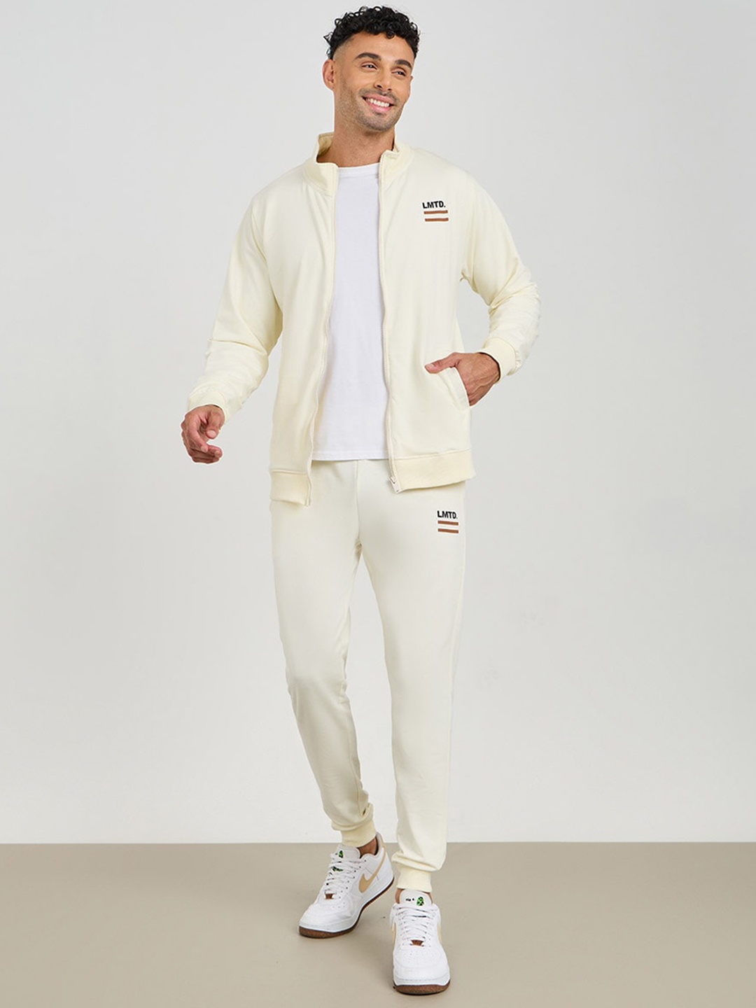 

Styli Men's Cream Coloured Placement Print Terry Zip Through Tracksuit