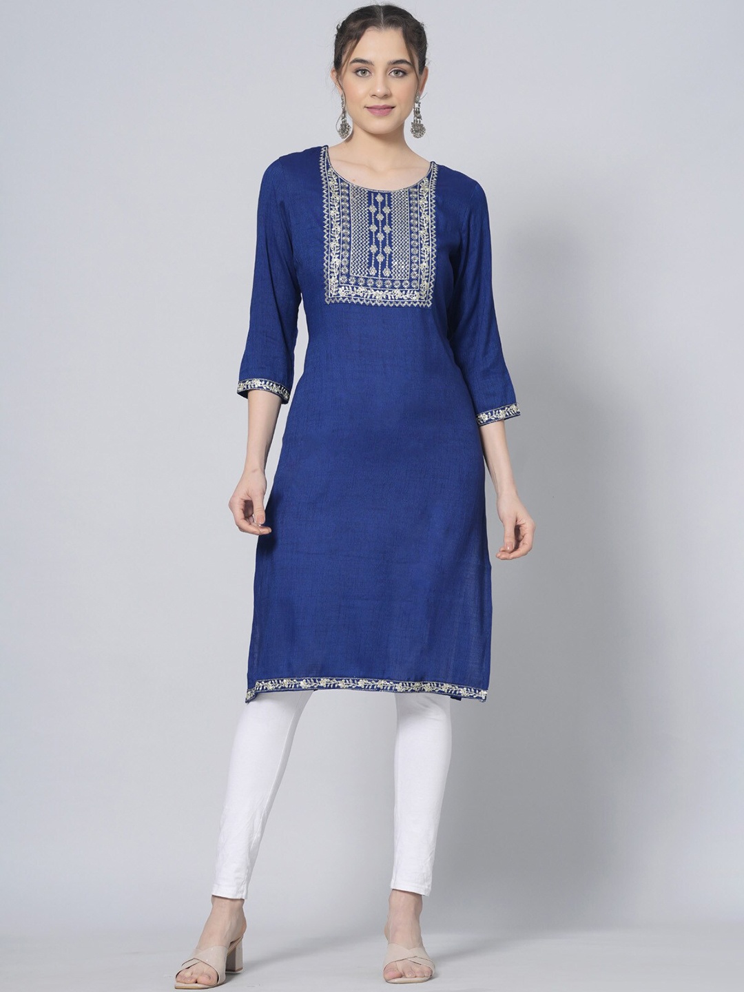 

BAESD Ethnic Motifs Embroidered Round Neck Thread Work Straight Kurta, Blue