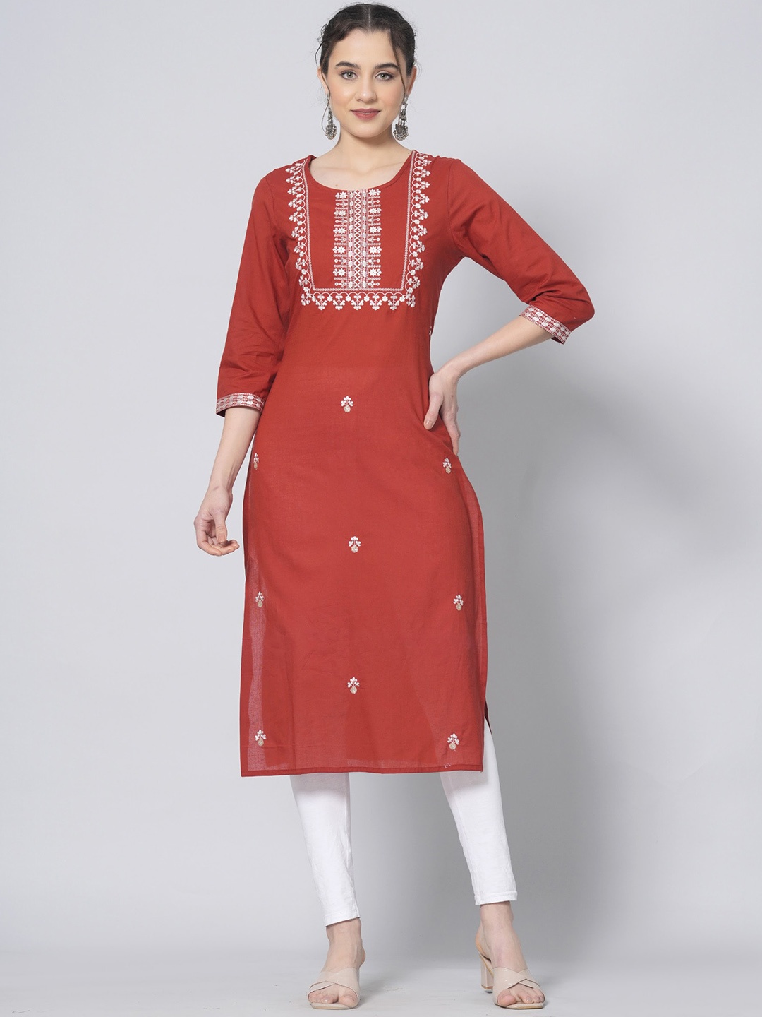 

BAESD Ethnic Motifs Embroidered Round Neck Thread Work Straight Cotton Kurta, Peach