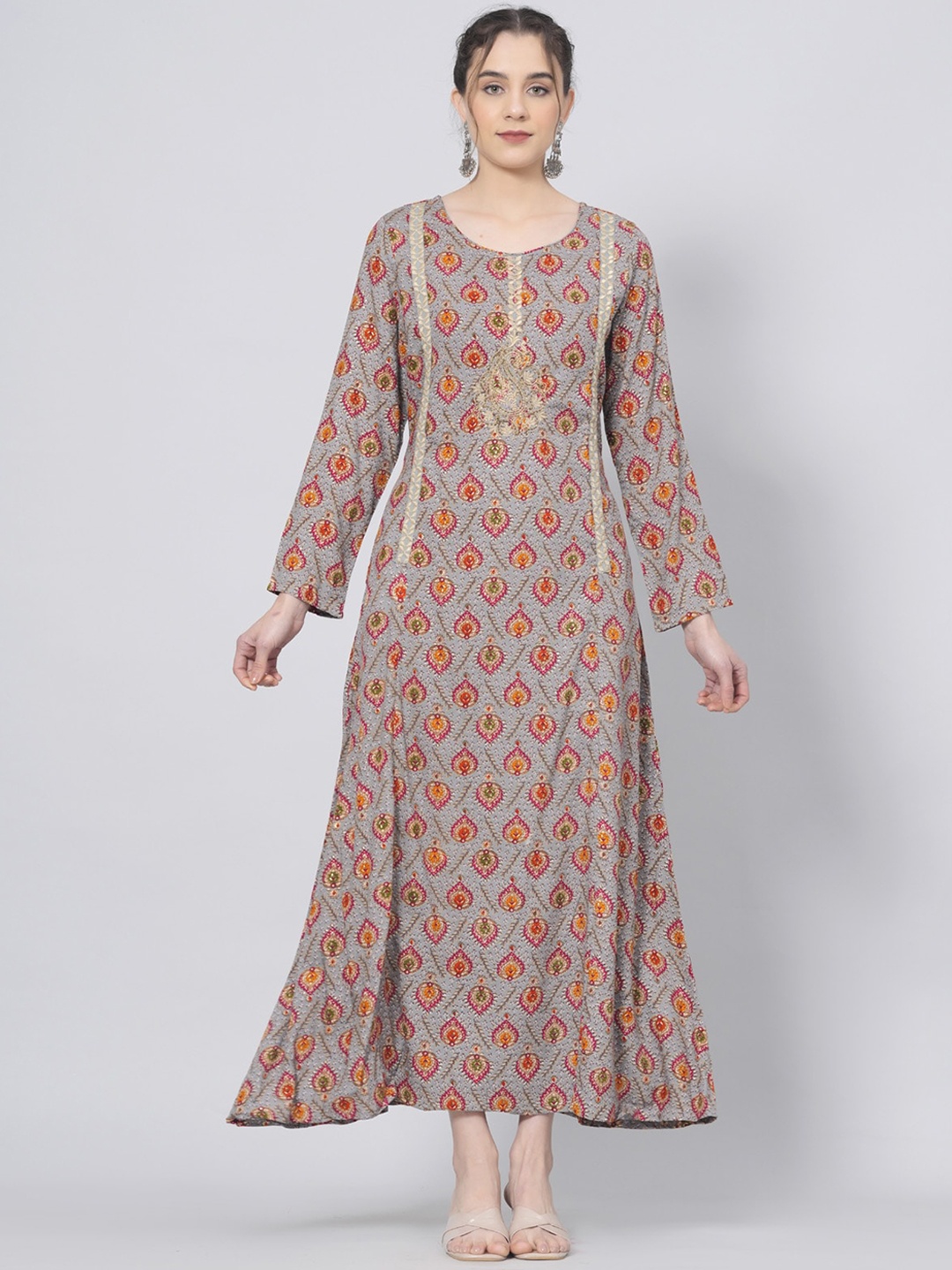 

BAESD Ethnic Motifs Printed Flared A-Line Kurta, Grey