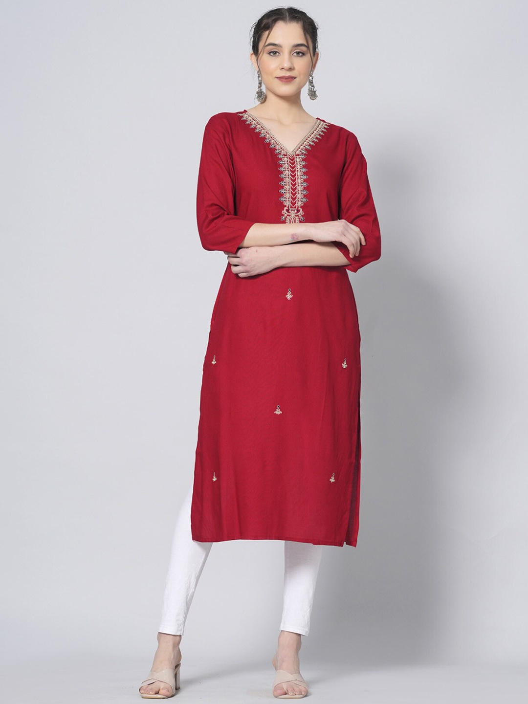 

BAESD Ethnic Motifs Embroidered Thread Work Detailed Chanderi Silk Straight Kurta, Red