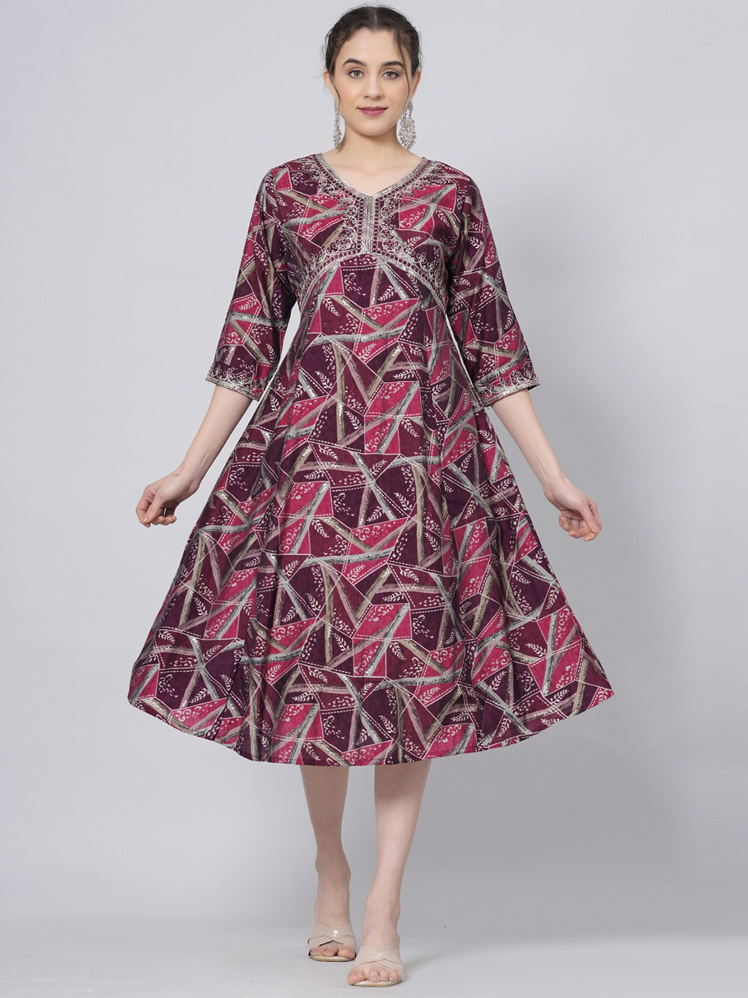 

BAESD Geometric Printed Flared Sleeves Sequinned Pastels A-Line Kurta, Purple