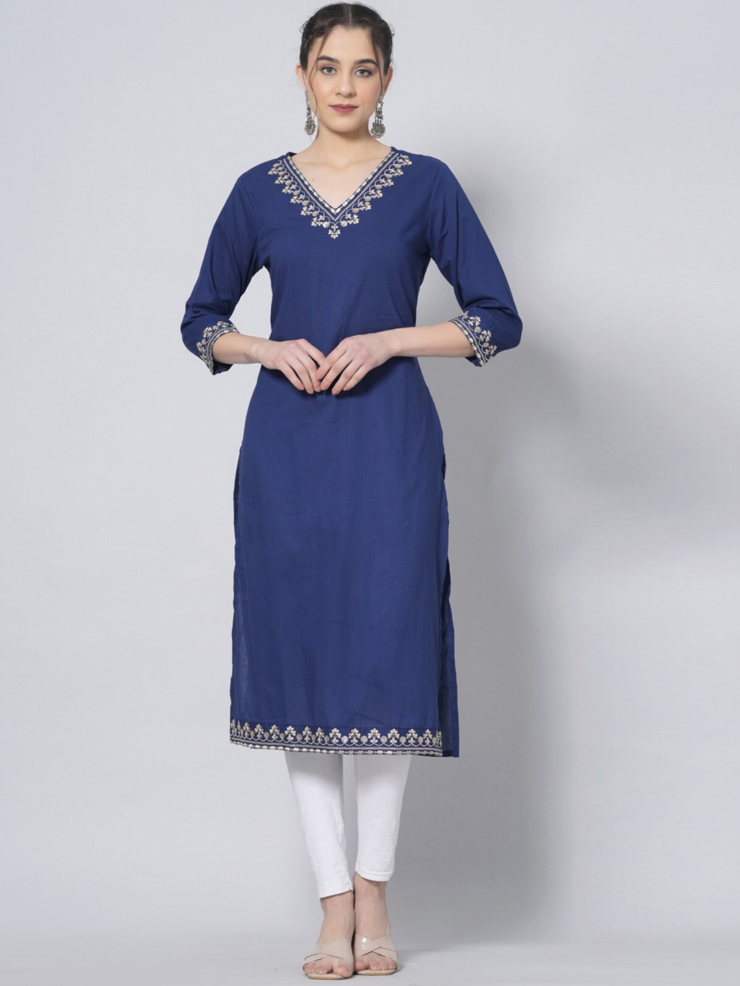 

BAESD Embroidered V Neck Three-Quarter Sleeves Thread Work Cotton Kurta, Blue