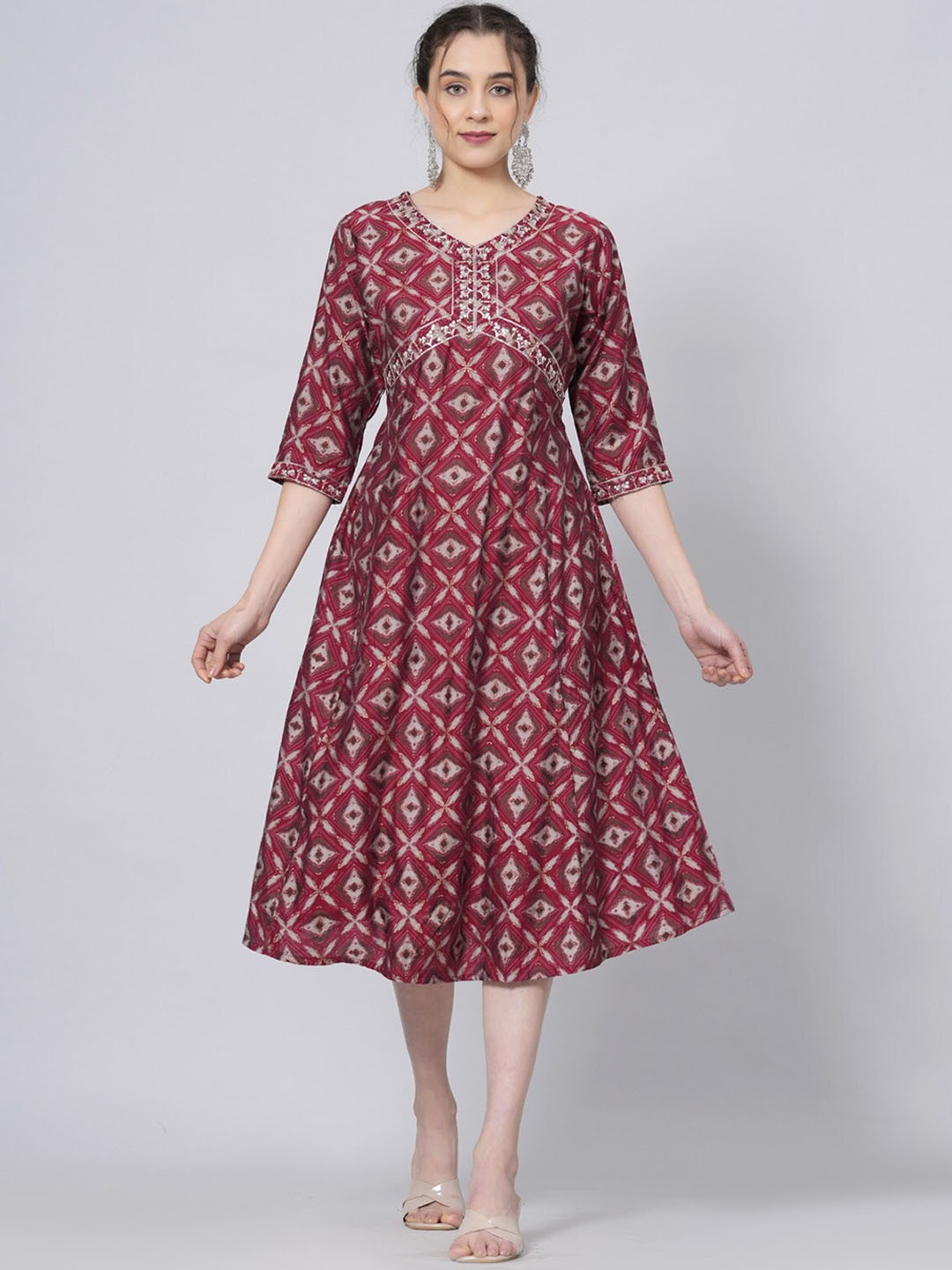 

BAESD Ethnic Motifs Printed Sequinned A-Line Kurta, Maroon