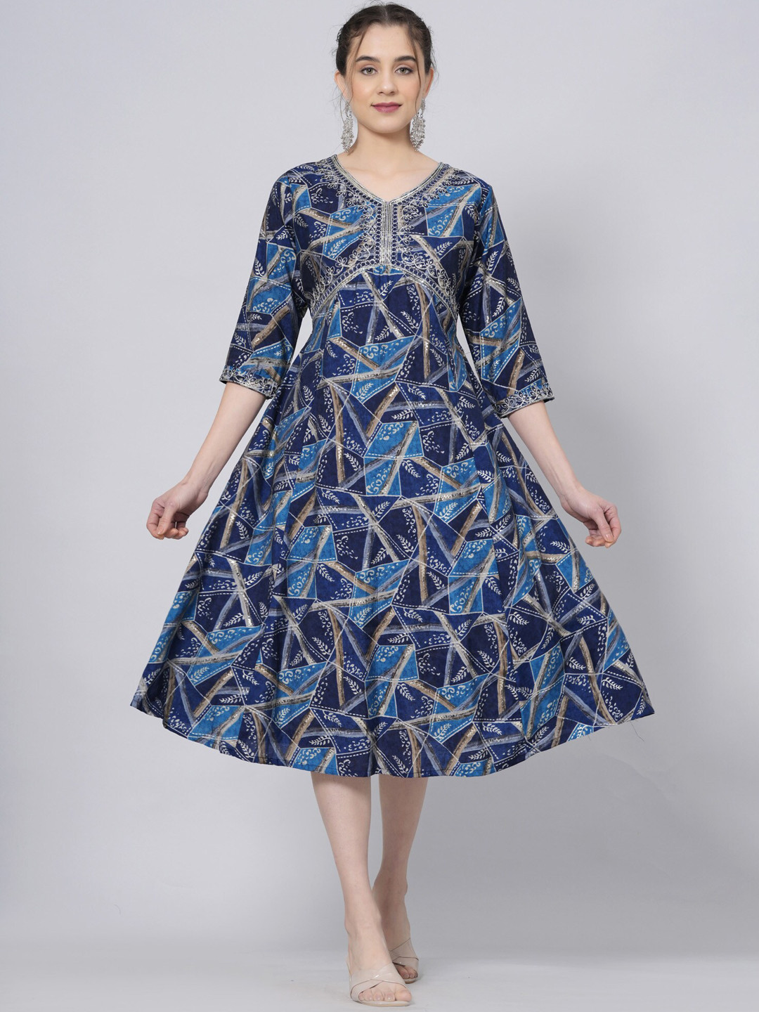 

BAESD Ethnic Motifs Printed A-Line Flared Kurta, Blue