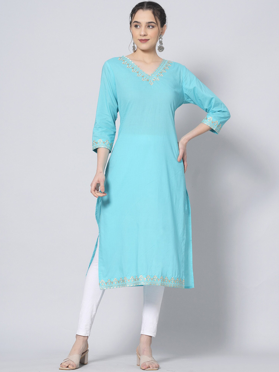 

BAESD V-Neck Thread Work Pastels Cotton Straight Kurta, Blue