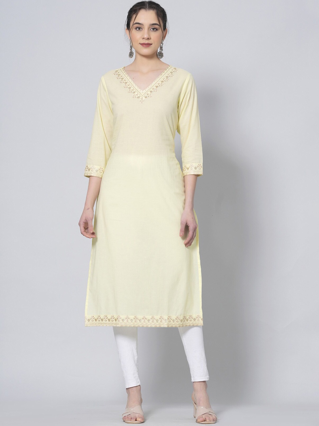 

BAESD V Neck Three-Quarter Sleeves Thread Work Pastels Cotton Kurta, Lime green