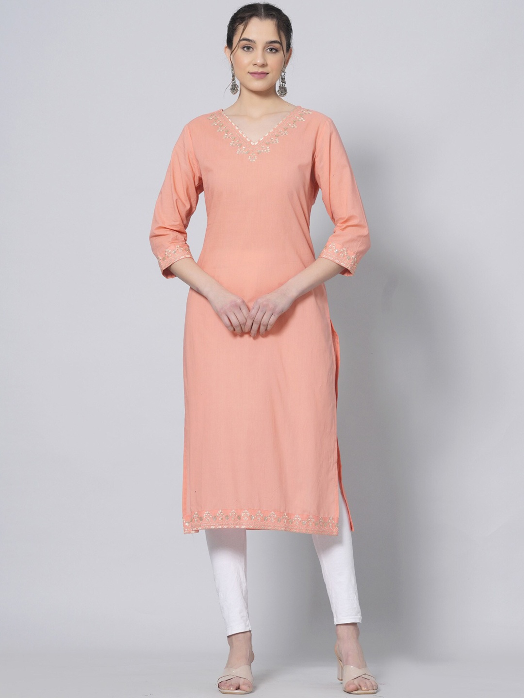 

BAESD Ethnic Motifs Yoke Design Thread Work Detailed Cotton Straight Kurta, Peach