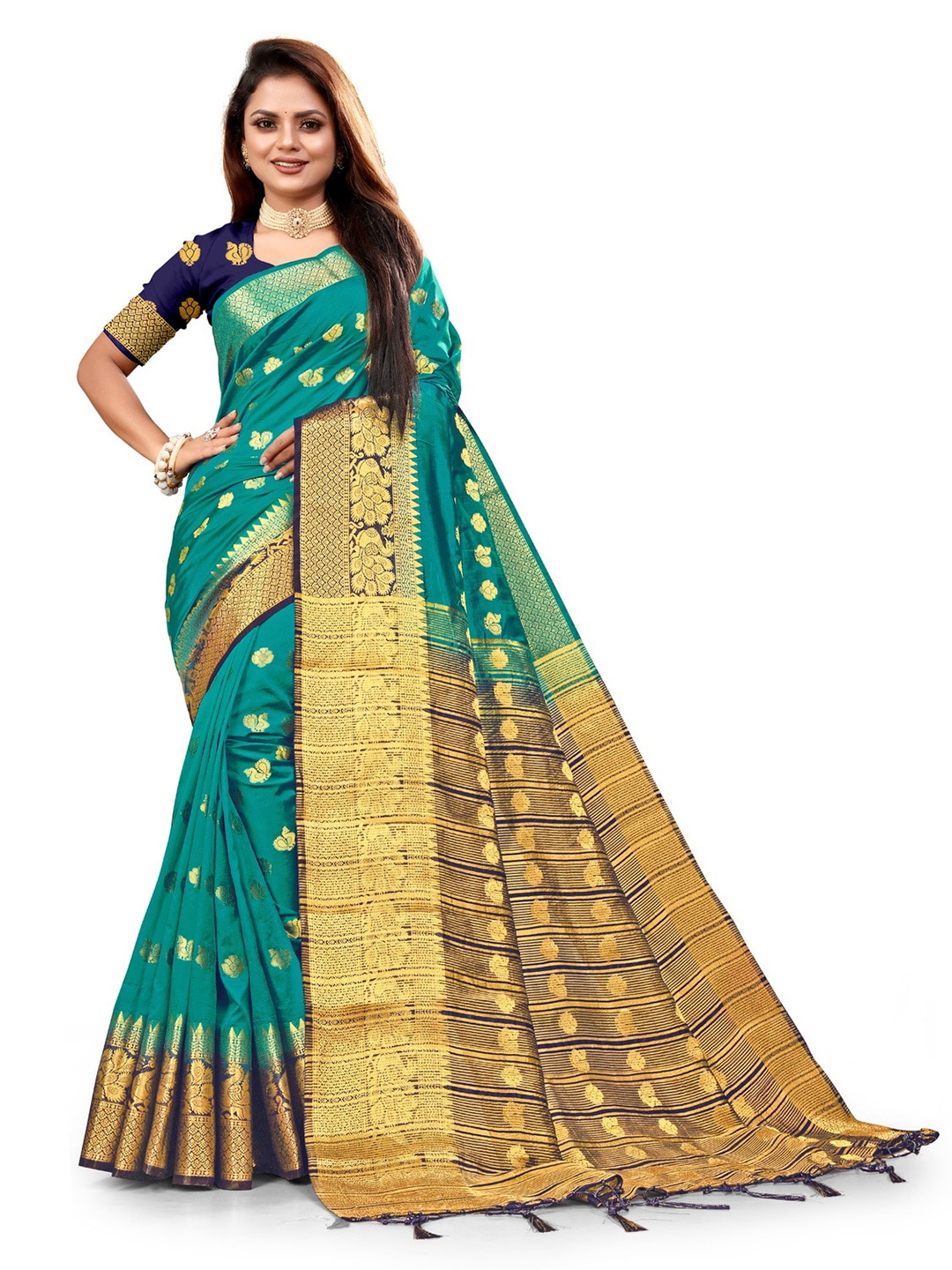 

ANISSA SAREE Ethnic Motifs Woven Design Zari Banarasi Saree, Sea green