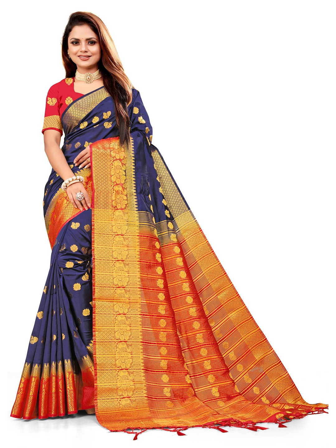 

ANISSA SAREE Ethnic Motifs Woven Design Zari Banarasi Saree, Navy blue