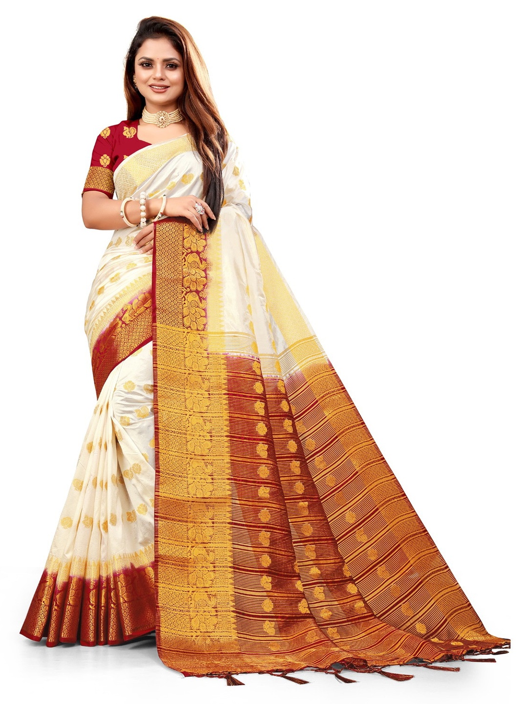 

ANISSA SAREE Ethnic Motifs Woven Design Zari Banarasi Saree, White