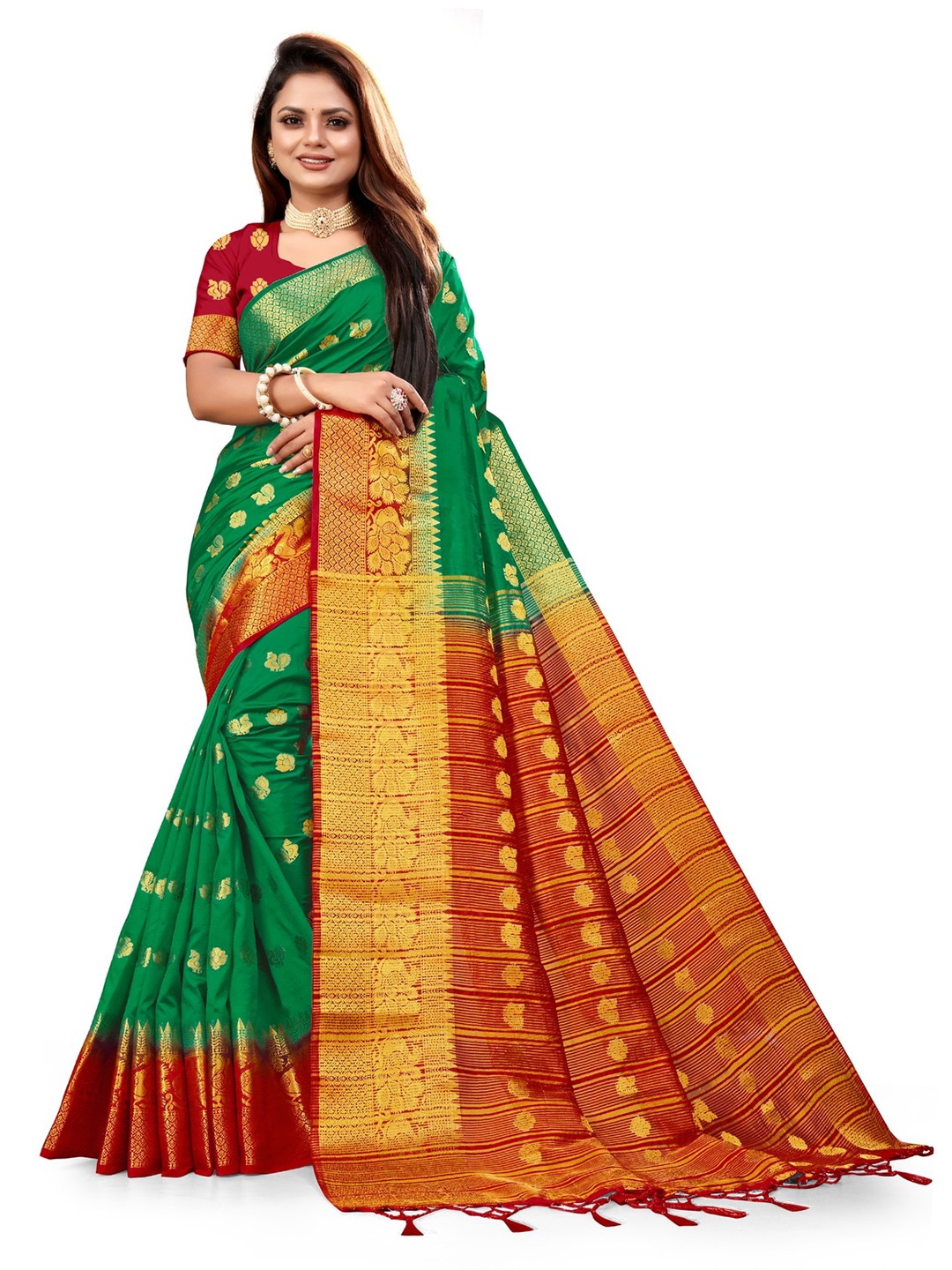 

ANISSA SAREE Ethnic Motifs Woven Design Zari Banarasi Saree, Olive