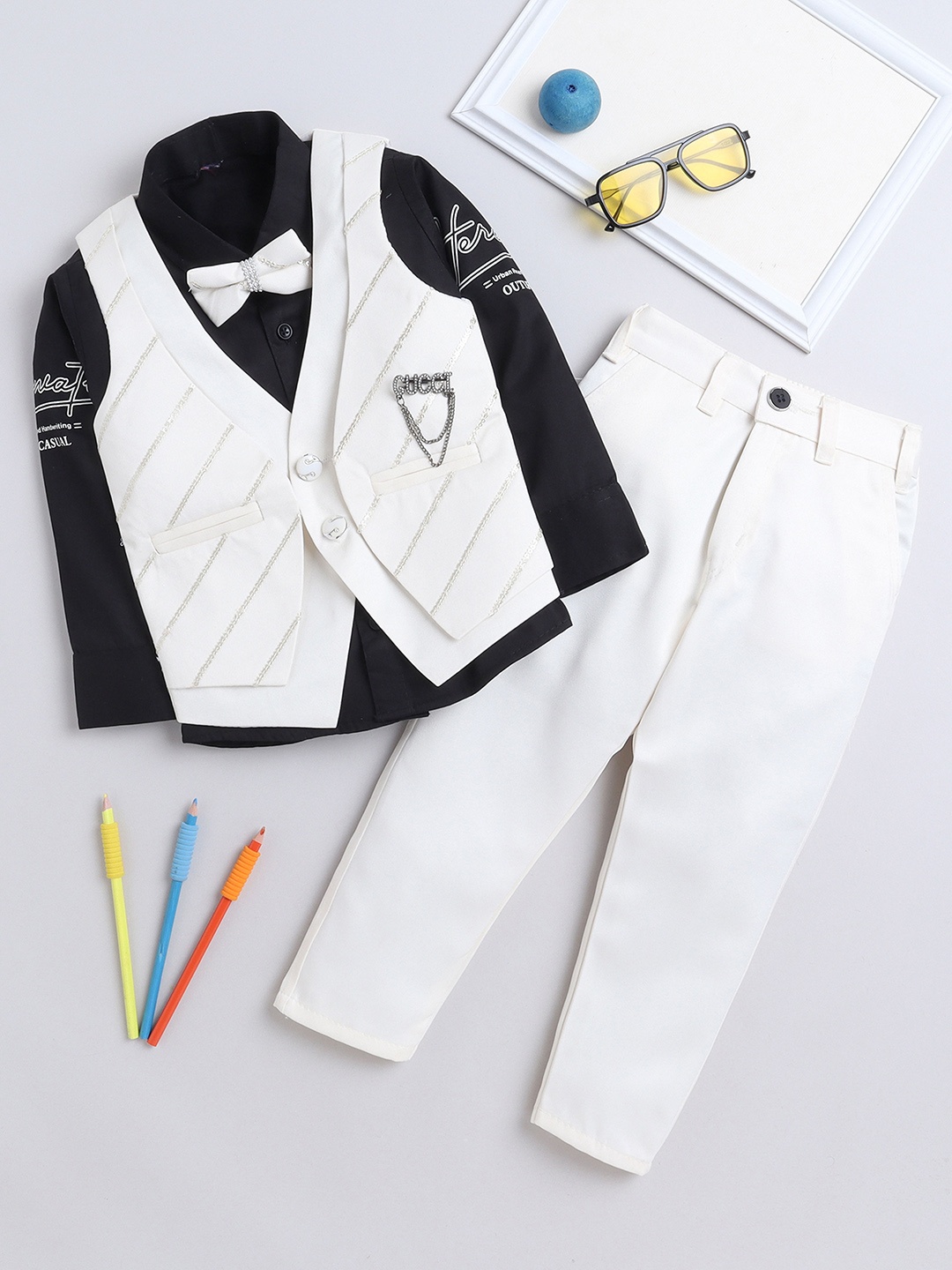

BAESD Boys Self-Designed 3-Piece Single-Breasted Partywear Suit, Cream