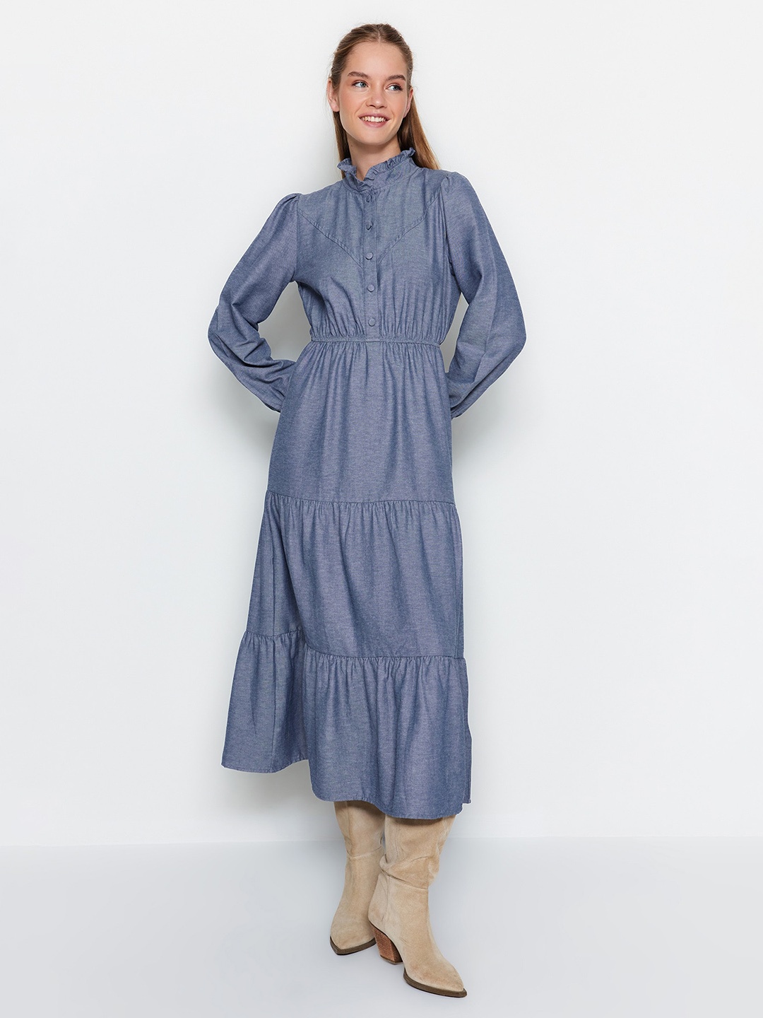 

Trendyol Puff Sleeve Fit & Flare Dress, Grey