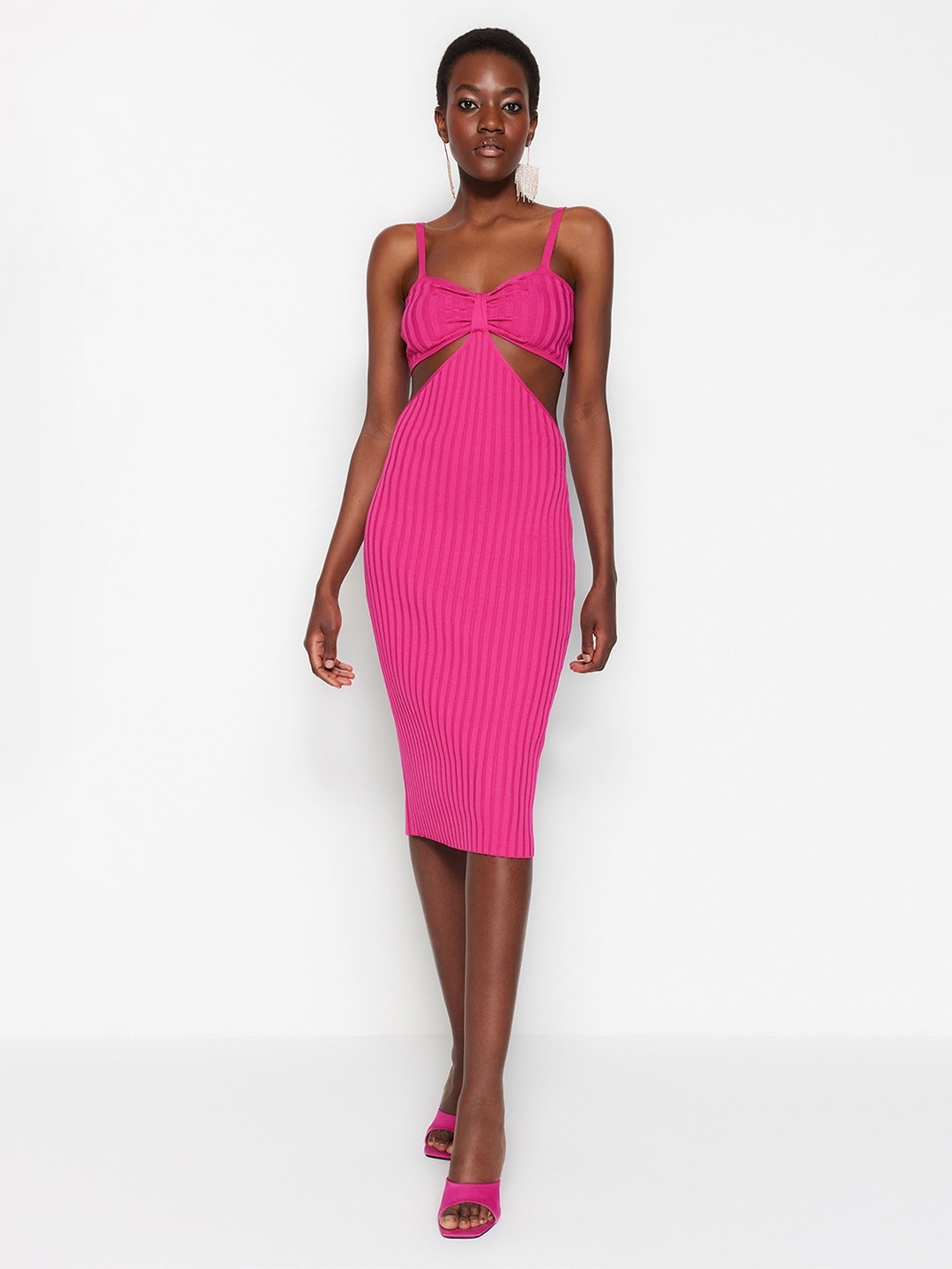 

Trendyol Striped Shoulder Straps Cut-Outs Bodycon Dress, Pink