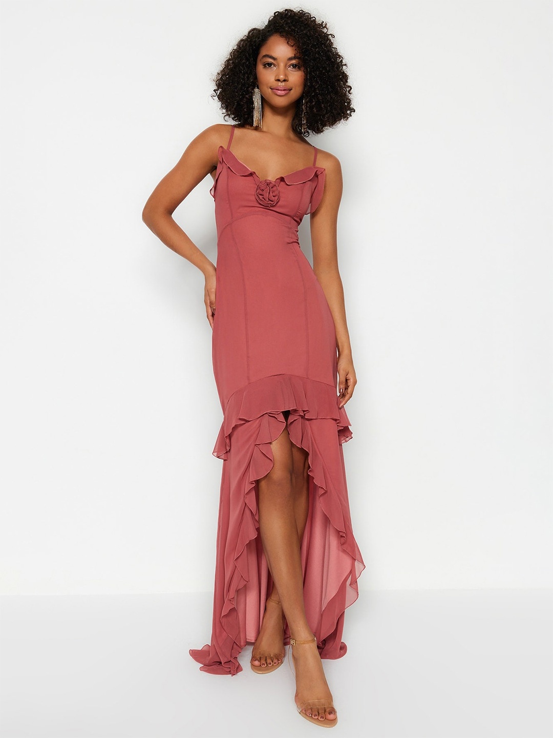 

Trendyol Shoulder Straps Ruffles Maxi Sheath Dress, Peach