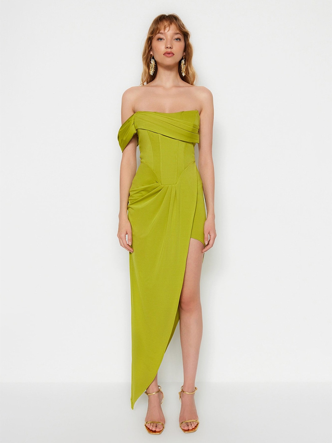 

Trendyol One Shoulder Pleated Maxi Sheath Dress, Green