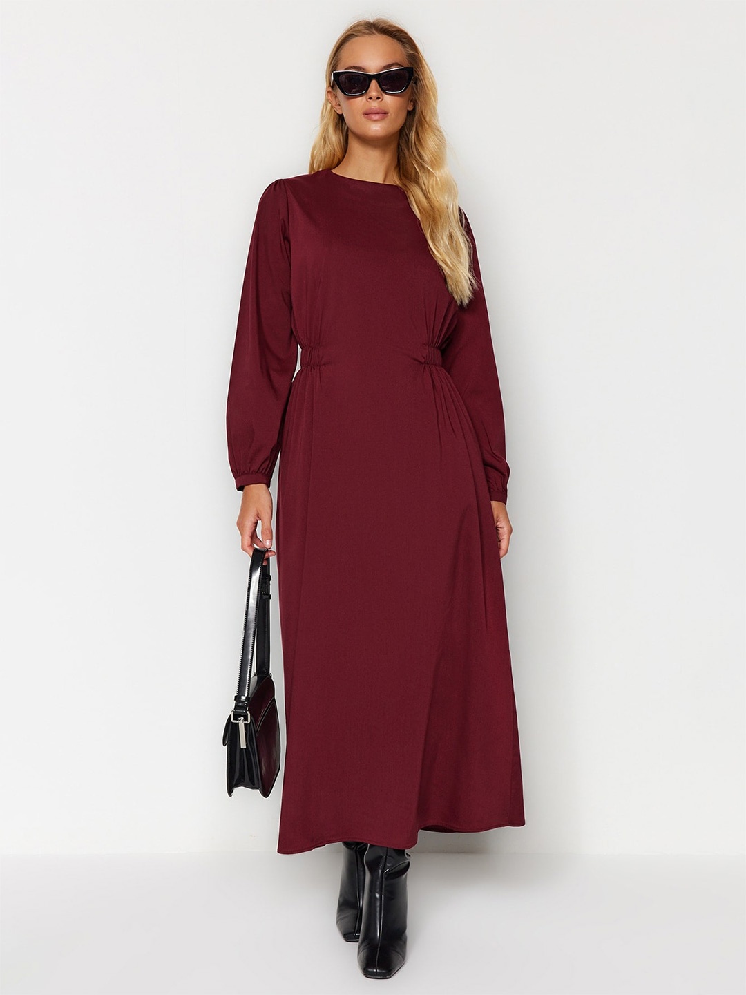 

Trendyol Round Neck Cuffed Sleeves Maxi A-Line Dress, Burgundy