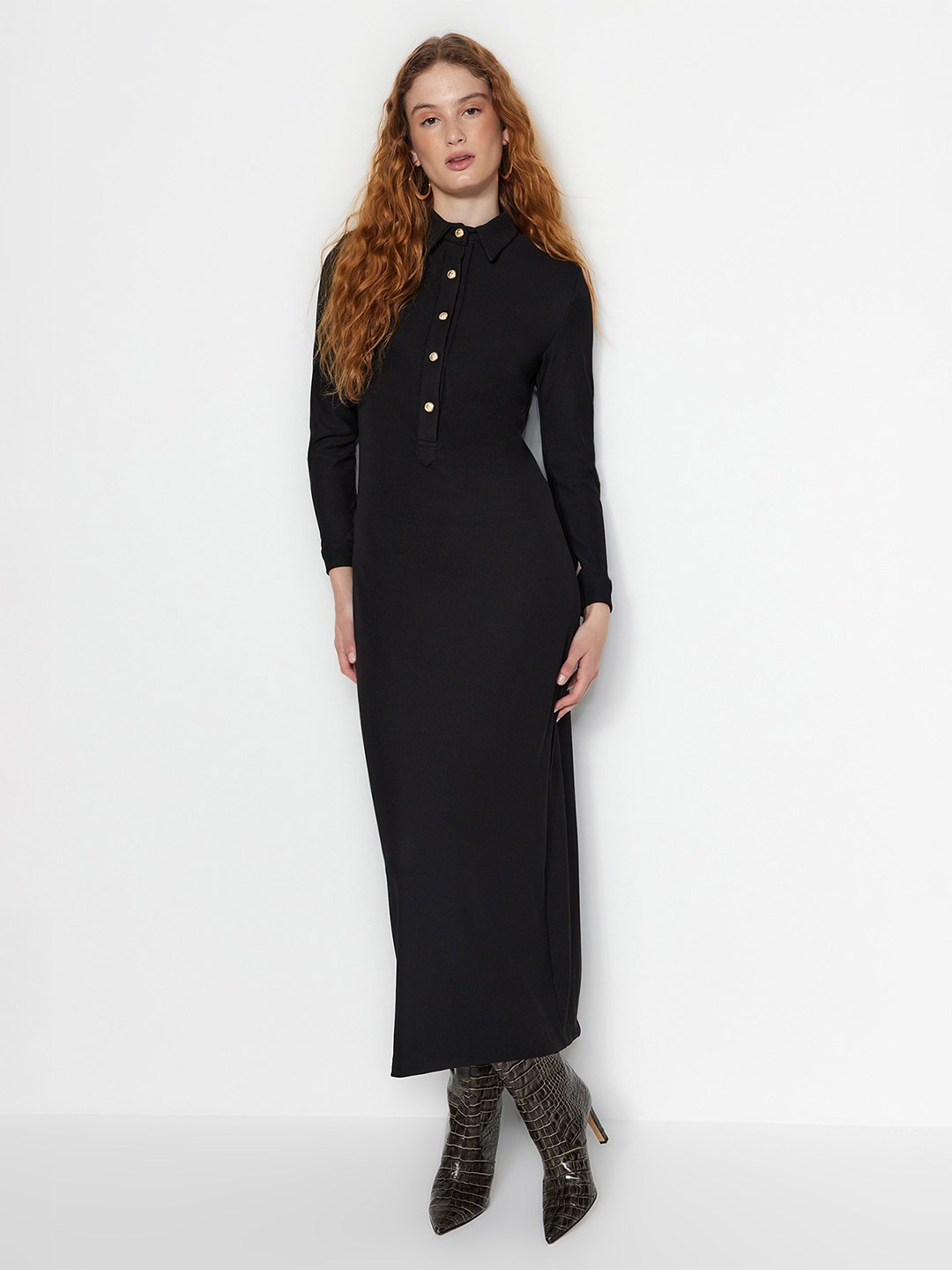 

Trendyol Shirt Collar Long Sleeves Maxi Dress, Black