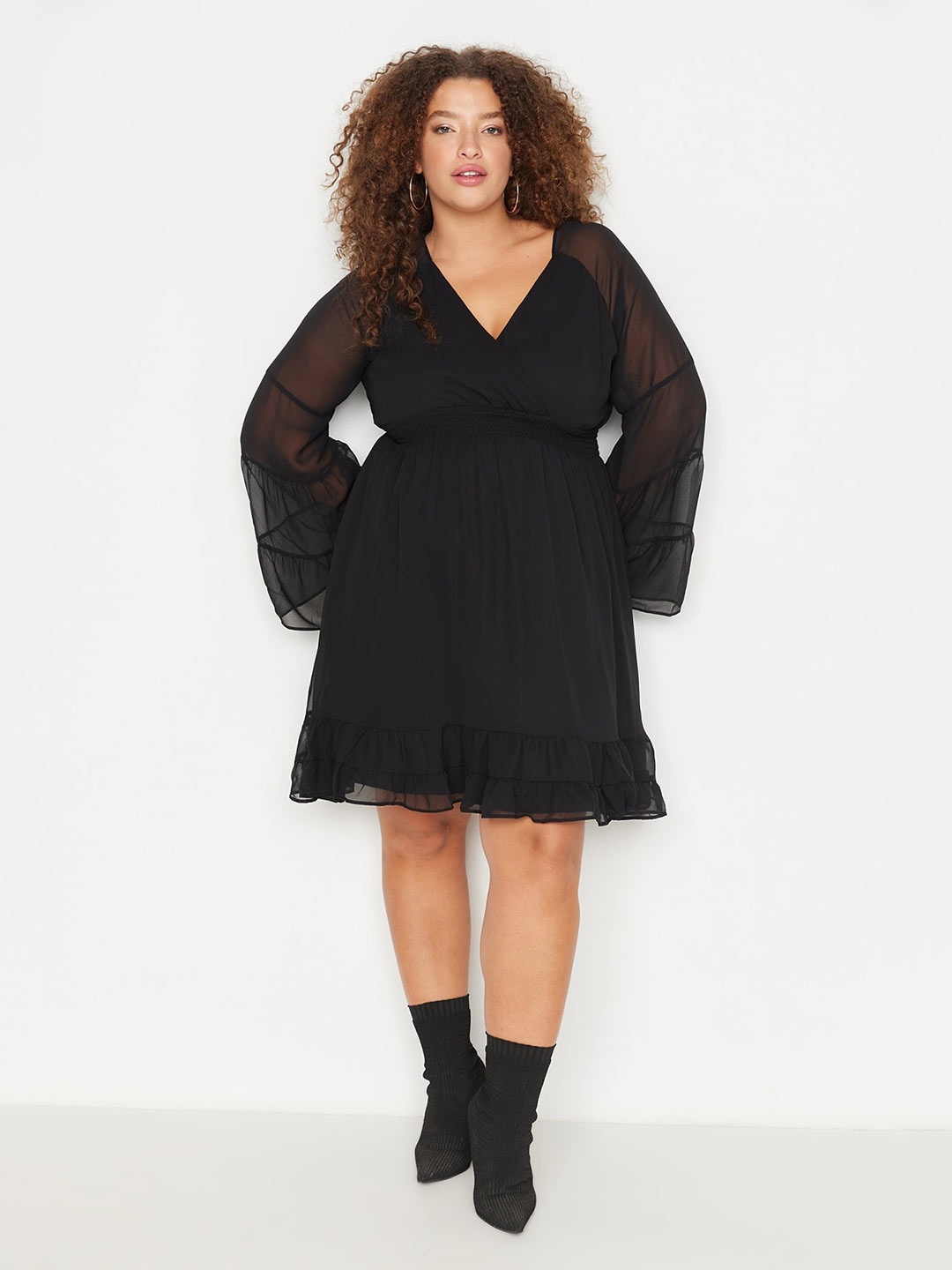 

Trendyol V Neck Flared Sleeves Above Knee Length Fit & Flare Dress, Na