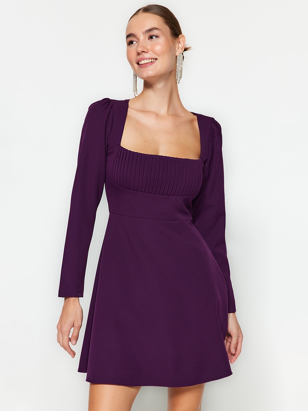 

Trendyol Square Neck Long Puff Sleeves Mini Fit & Flare Dress, Na
