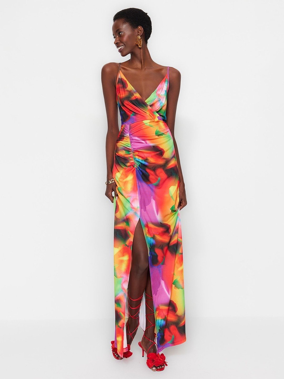 

Trendyol Printed V Neck Shoulder Straps Maxi Dress, Orange