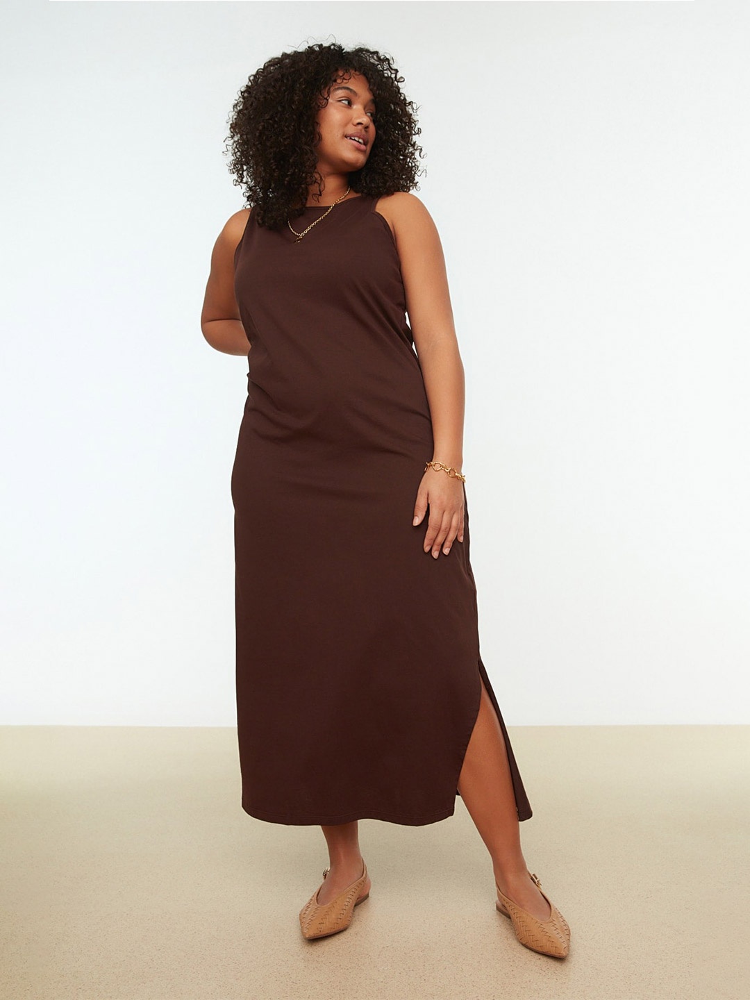 

Trendyol A-Line Round Neck Pure Cotton Midi Dress, Brown