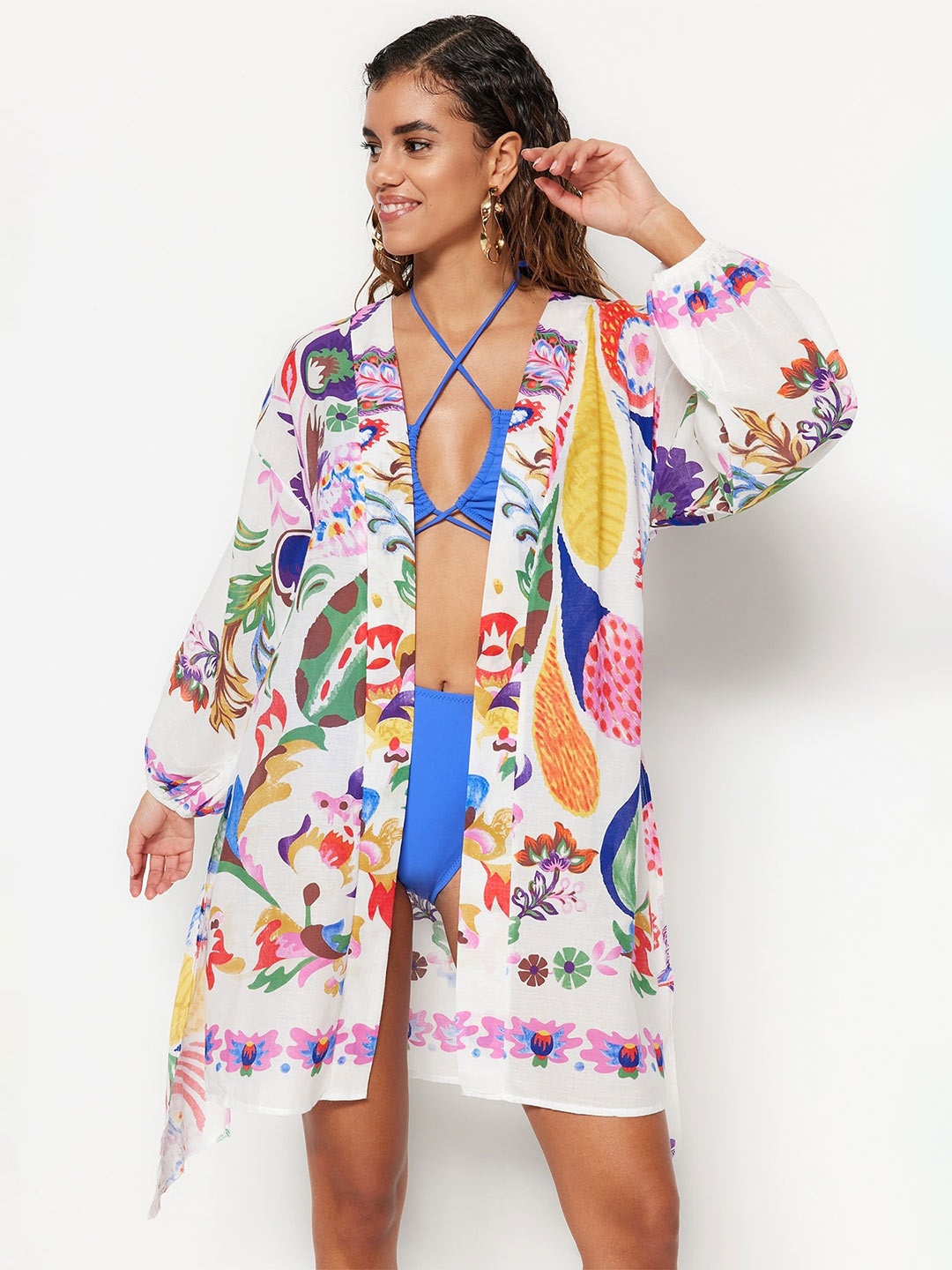 

Trendyol Abstract Printed Pure Cotton Swimwear Cover up Top, White