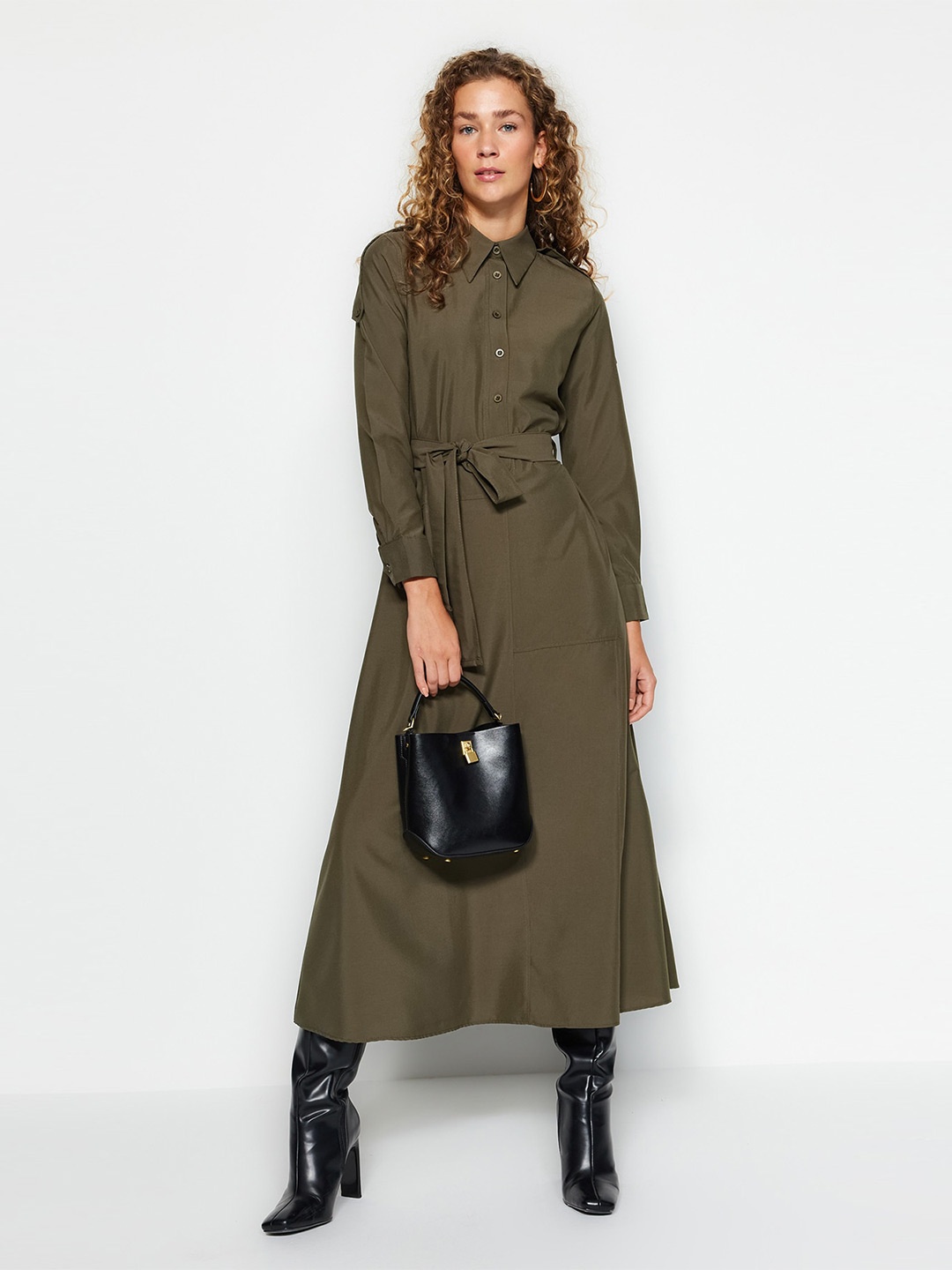 

Trendyol Shirt Collar Long Sleeves Tie-Up Pure Cotton Shirt Maxi Dress, Green