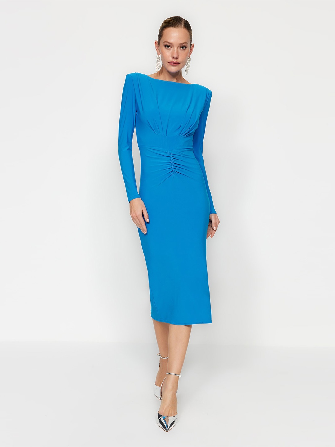 

Trendyol Boat Neck Long Sleeves Sheath Dress, Blue