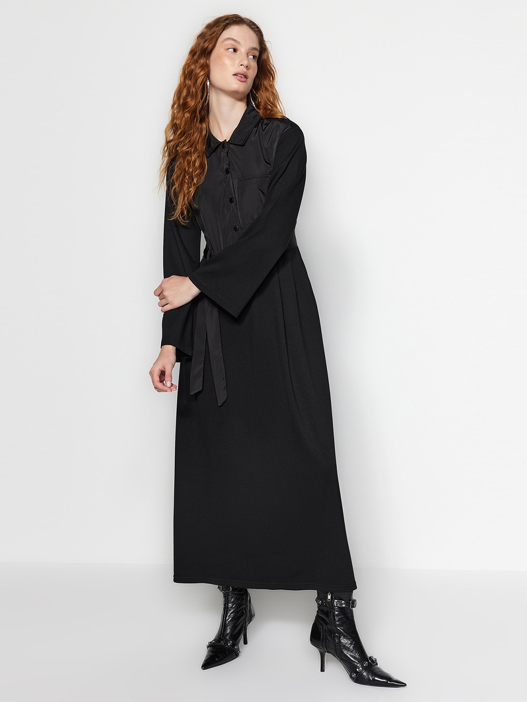 

Trendyol Shirt Collar Long Sleeves Pure Cotton Maxi Dress, Black