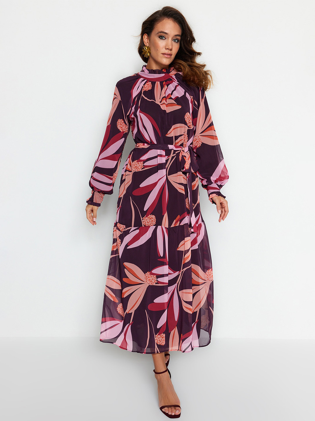 

Trendyol Floral Printed A-Line Midi Dress, Brown
