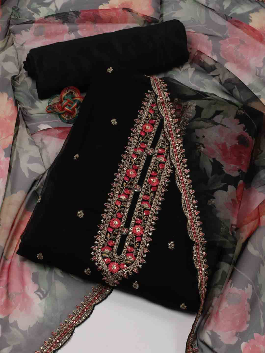 

Meena Bazaar Embroidered Organza Unstitched Dress Material, Black