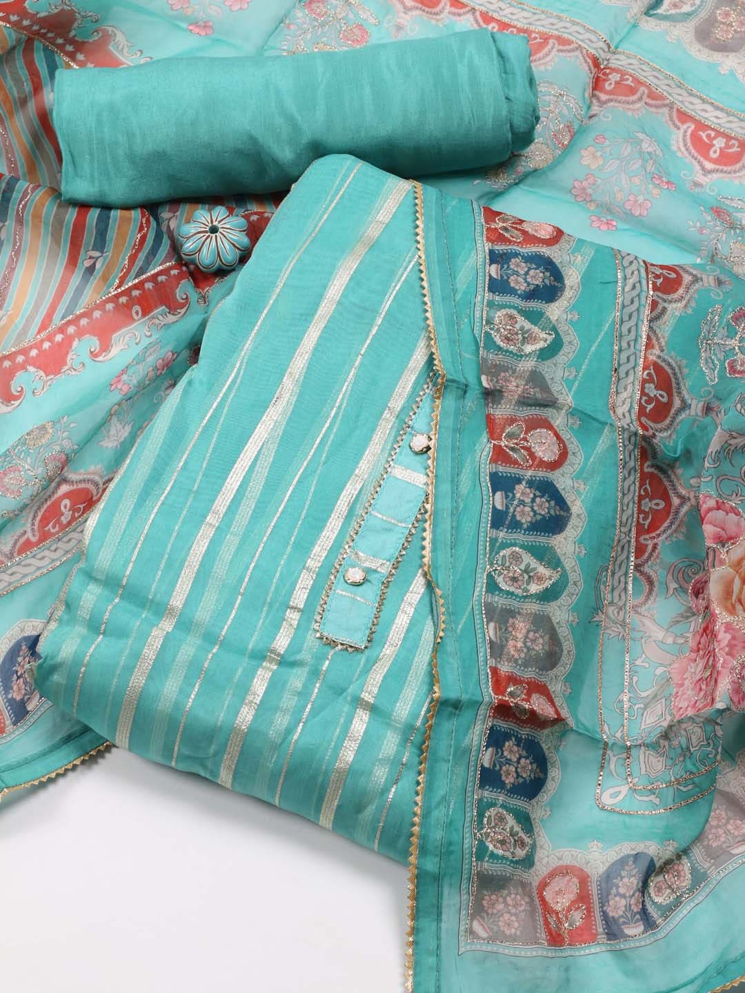 

Meena Bazaar Organza Unstitched Dress Material, Sea green