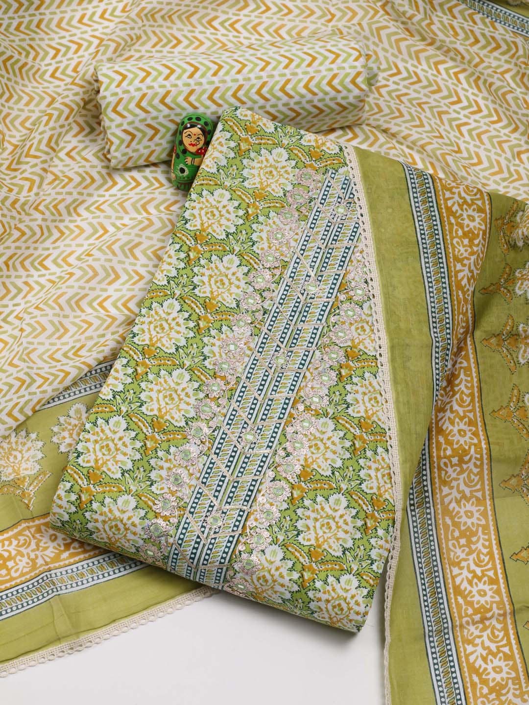 

Meena Bazaar Ethnic Motif Printed Unstitched Dress Material, Green