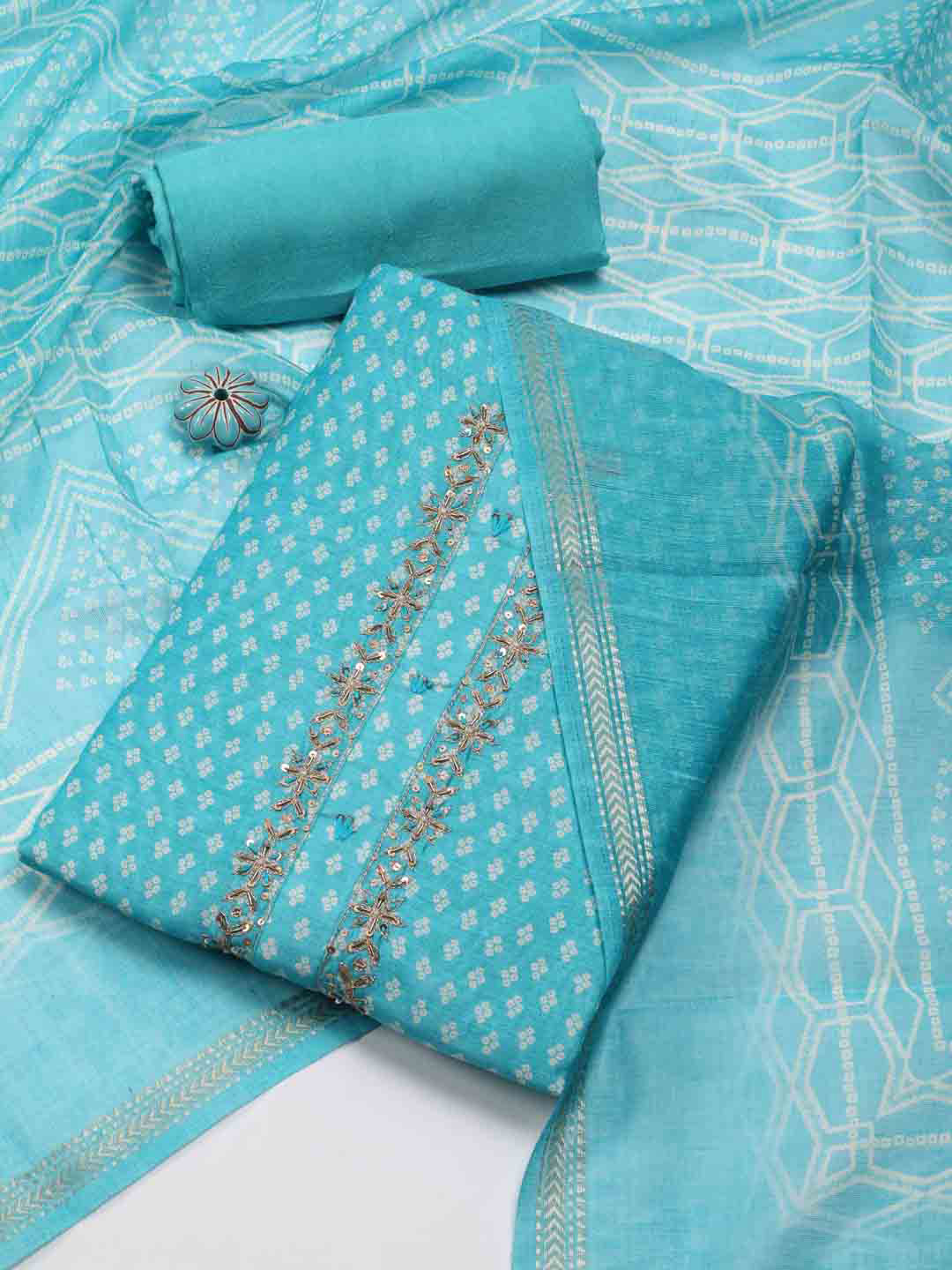 

Meena Bazaar Ethnic Motif Printed Unstitched Dress Material, Blue