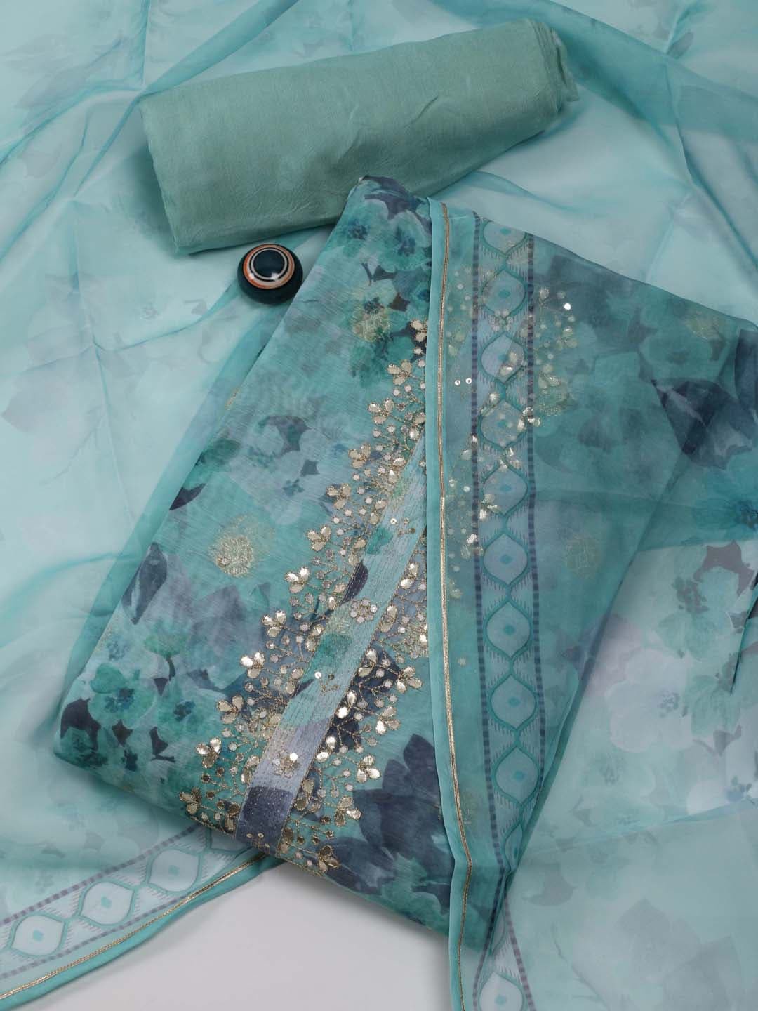 

Meena Bazaar Printed Art Silk Unstitched Dress Material, Sea green