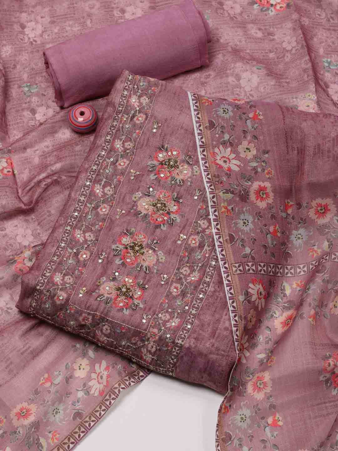 

Meena Bazaar Floral Printed Sequinned Art Silk Unstitched Dress Material, Pink