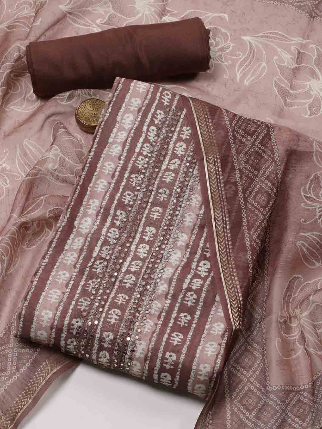 

Meena Bazaar Floral Printed Sequinned Art Silk Unstitched Dress Material, Brown