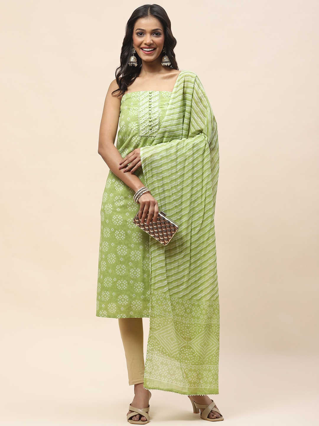 

Meena Bazaar Bandhani Printed Sequinned Art Silk Unstitched Dress Material, Green