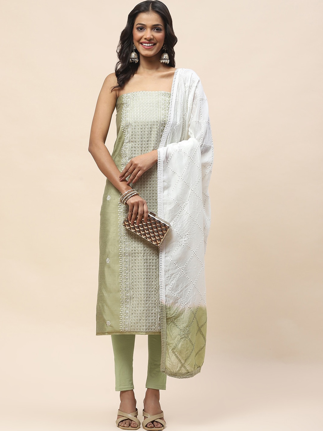 

Meena Bazaar Floral Embroidered Sequinned Art Silk Unstitched Dress Material, Green