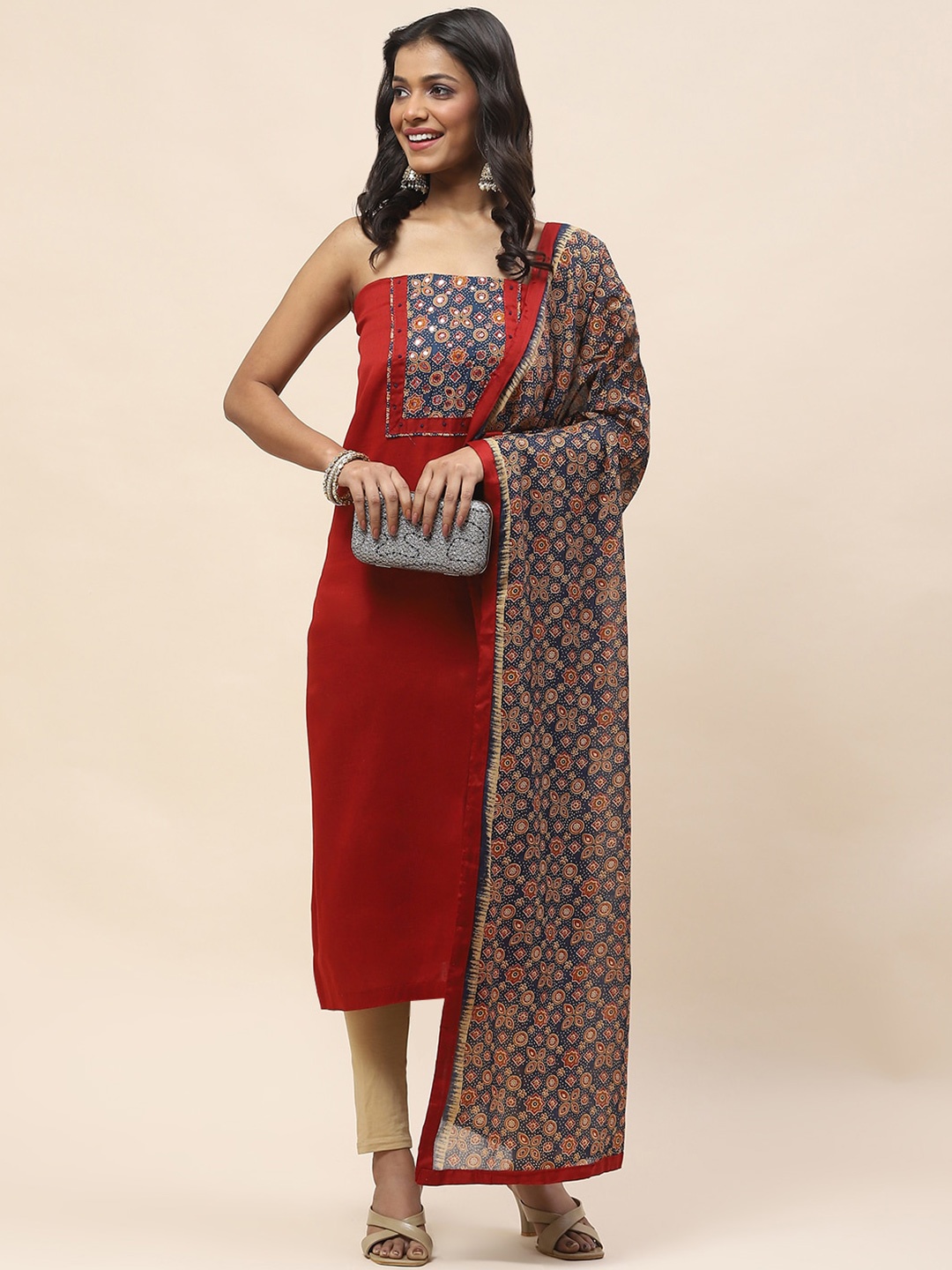

Meena Bazaar Floral Printed Unstitched Dress Material, Maroon