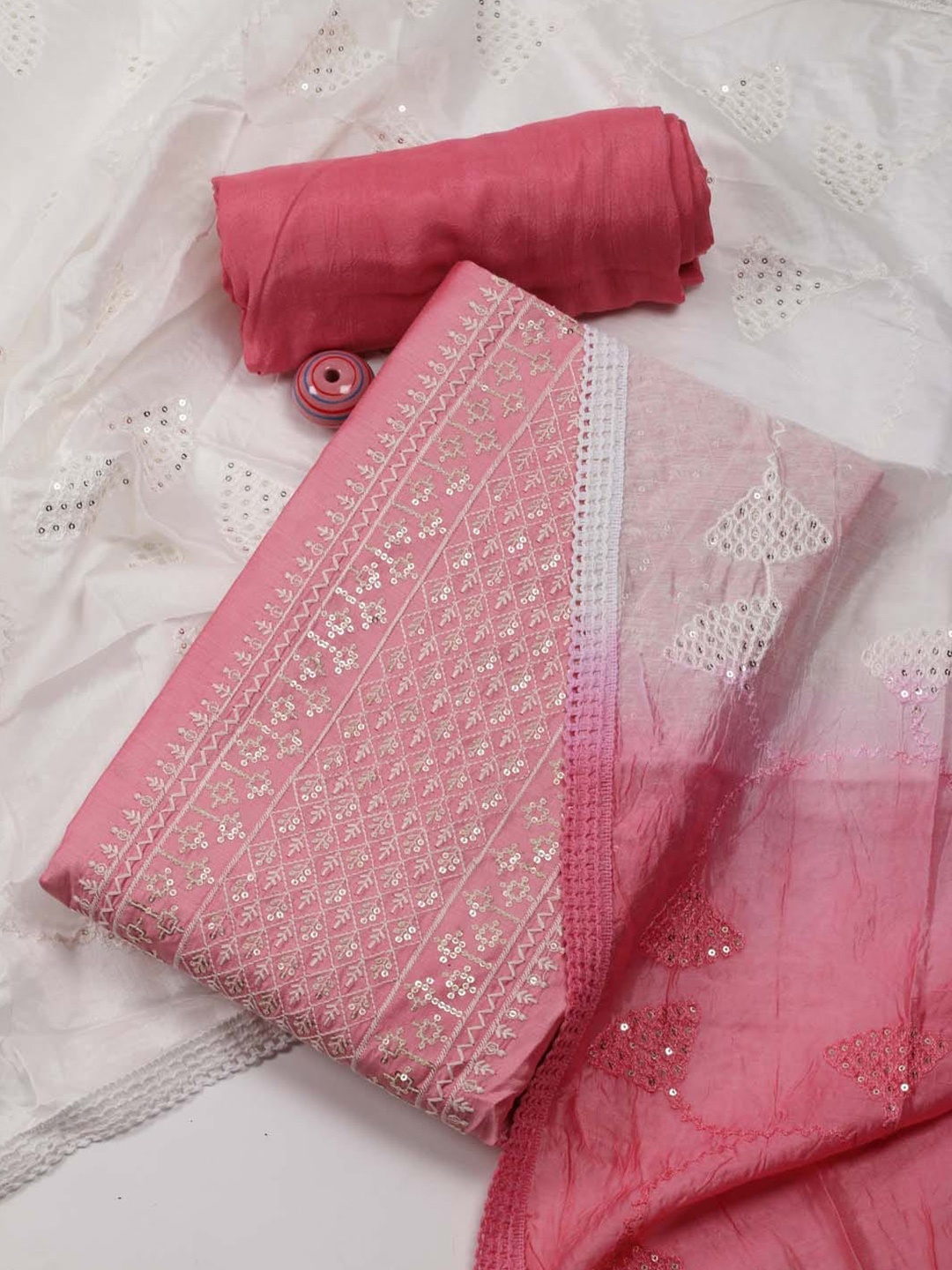 

Meena Bazaar Floral Embroidered Unstitched Dress Material, Pink