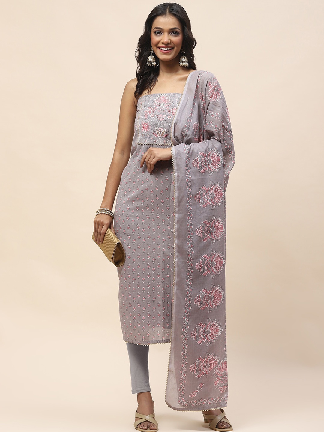 

Meena Bazaar Floral Printed Unstitched Dress Material, Grey