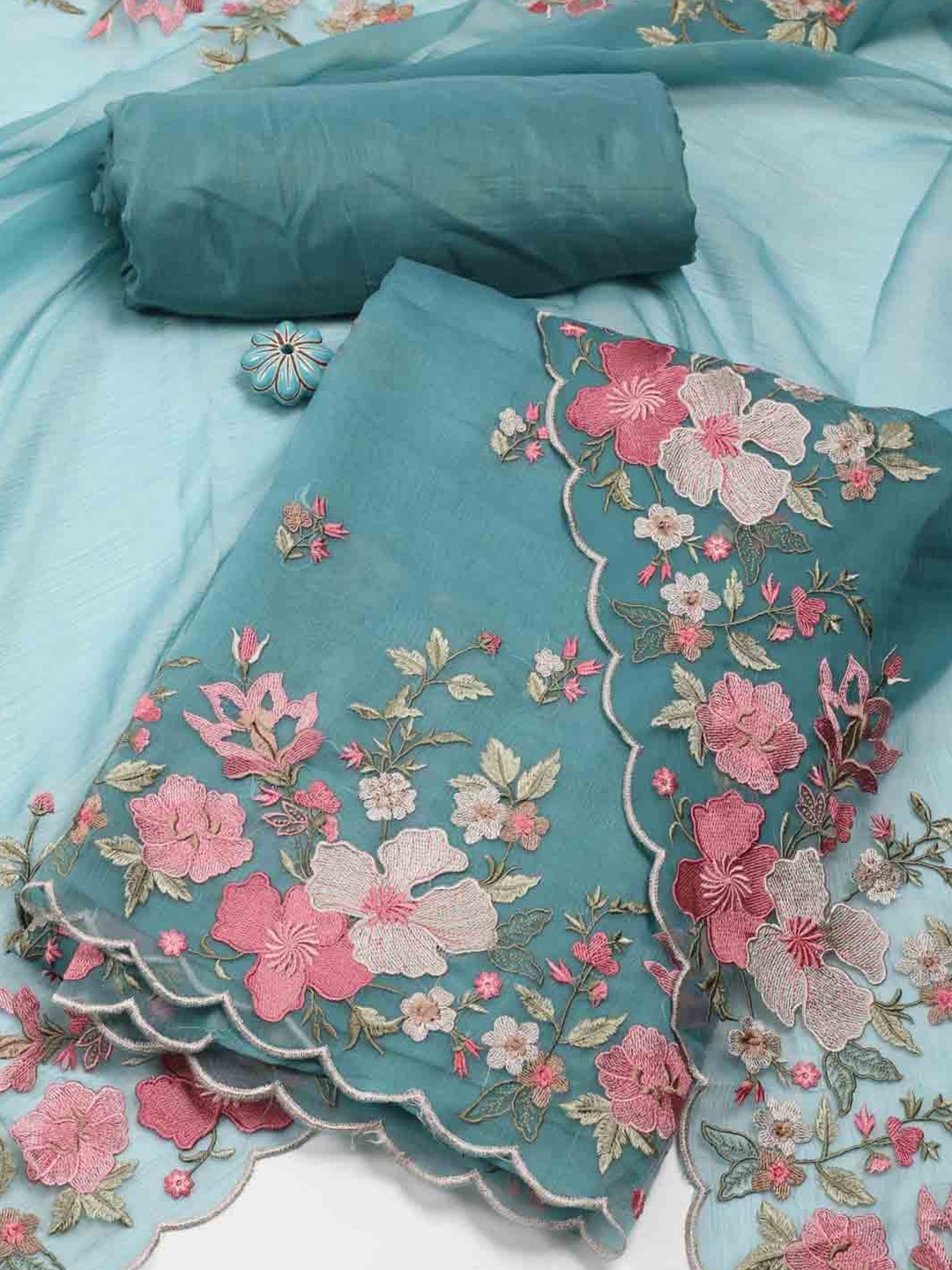 

Meena Bazaar Embroidered Organza Unstitched Dress Material, Blue