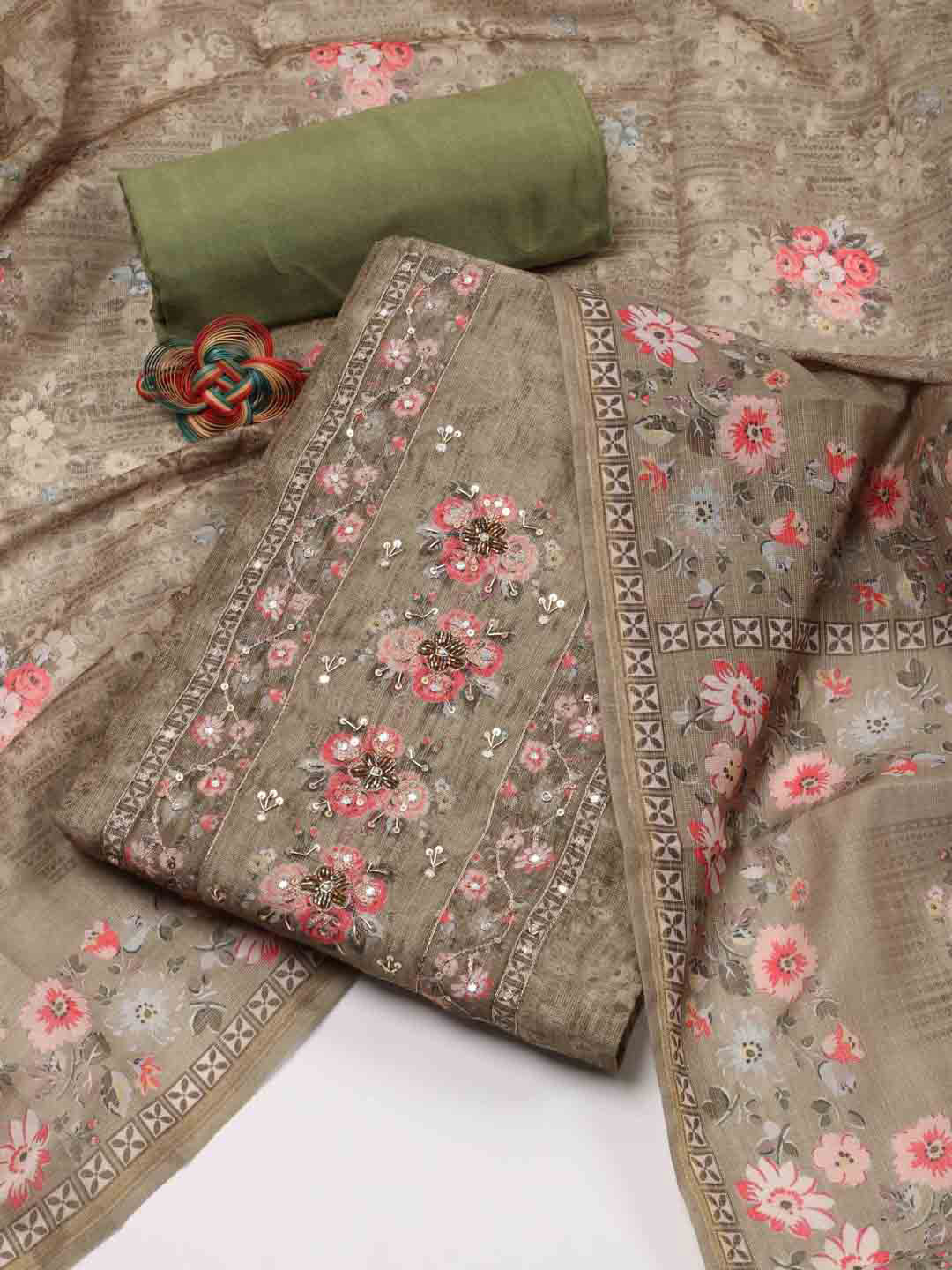 

Meena Bazaar Printed Chanderi Unstitched Dress Material, Green